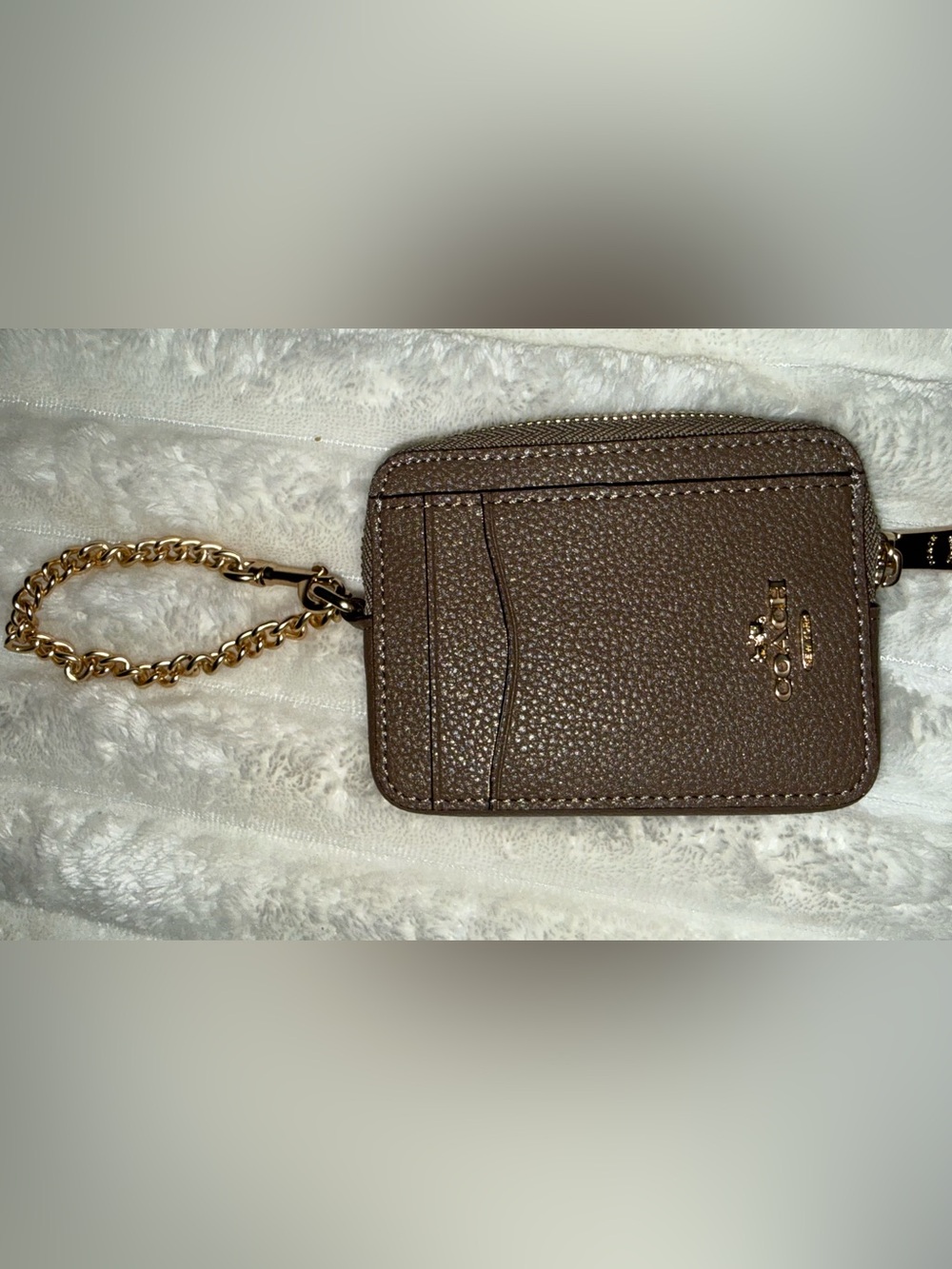 Coach Pebbled Leather Card Case with Gold Chain - Brown